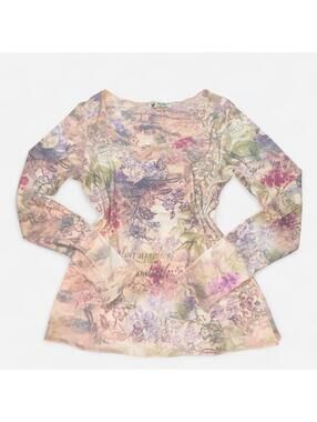 Vintage Y2K Unity World Wear Fairycore Rhinestone Bird Floral Mesh Top | M
